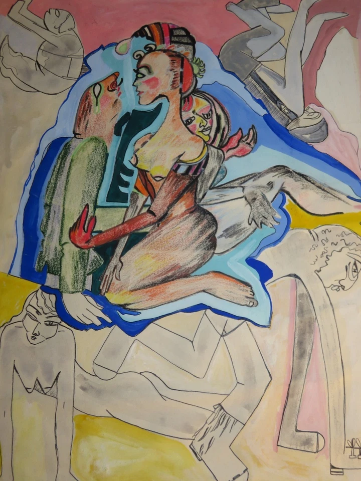 GRAND DESSIN AQUARELLE CRAYON EXPRESSIONNISME dlg COBRA FEMMES NUES SIGNEE 1977 - Photo 2/4