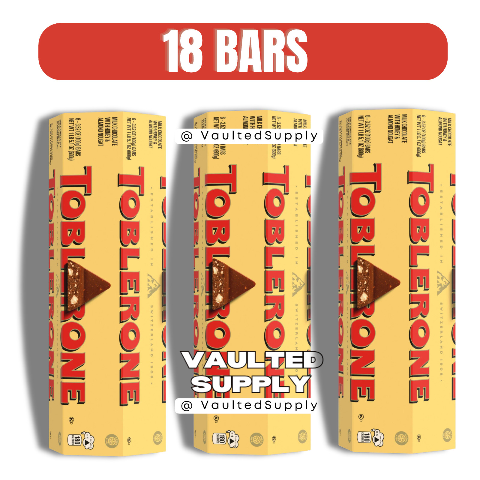 Toblerone Swiss Milk Chocolate Honey Almond Nougat 18 Bars 3.52oz EXP 08/2026