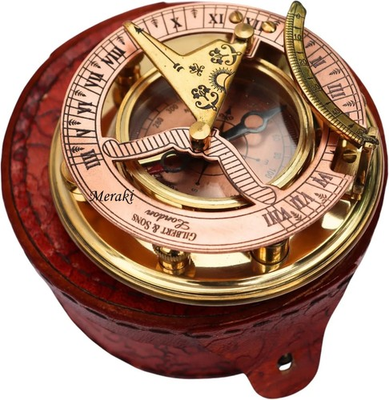 #ad Compass Antique Maritime Navigation Leather Case Vintage Brass Sundial $36.66