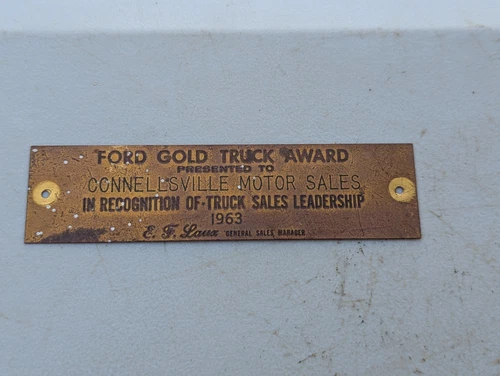 Vintage Ford Gold Truck Award Plaque 1963 Connellsville Motor Sales Pennsylvania