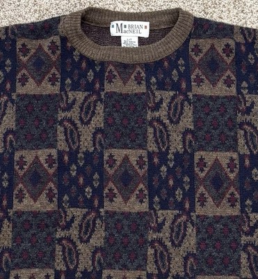 Brian Macneil L T Wool Knit Sweater Multicolor Paisley Pattern Vintage Pullover