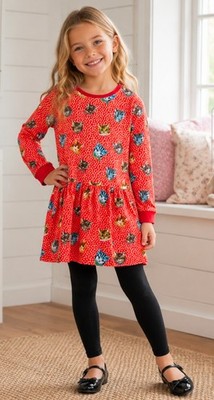 ROOM SEVEN Girls Kitty Cat Red Polka Dot Long Sleeve Cotton Dress sz 7