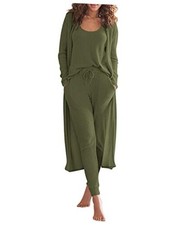 Womens Lounge Set Waffle Knit 3 Piece Pajama Sets Tank Tops Small Army Green