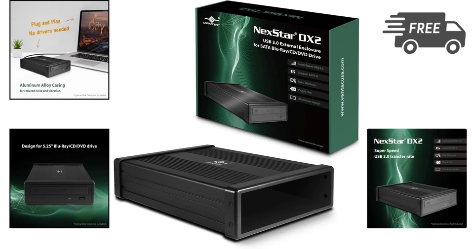 Optical Drive Enclosure 5.25 USB 3.0 Blu-ray DVD CD External Aluminum - Image 2 of 4