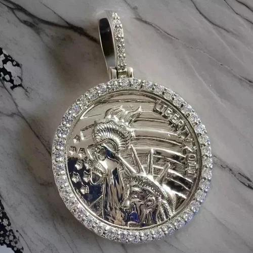1Ct Round Cut Real Moissanite Liberty Coin Pendant 14K White Gold Plated Silver