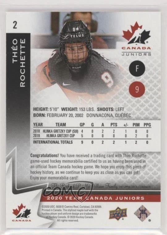 2020-21 Upper Deck Team Canada Juniors Hlinka Jerseys Theo Rochette #2 - Image 2 of 2