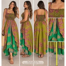 Belma New York Olive Green Pink Floral Smocked Rayon Midi Dress One Size Plus