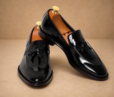 Men  s Black Patent Leather Tassel Loafers Handmade Formal Dress Slip On Shoes