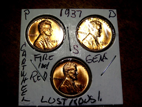 Lustrous RED Cartwheel Gem+ Brilliant Unc. 1937PDS Lincoln Penny Year Set L1