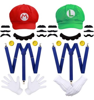 Humairc Super Bros Hats Accessories Set Mary Luigy Caps, Mustaches, Suspender...