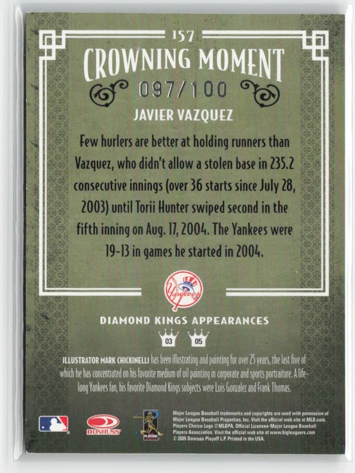 2005 Donruss Diamond Kings #157 Javier Vazquez Framed Blue #/100 - Image 2 of 2