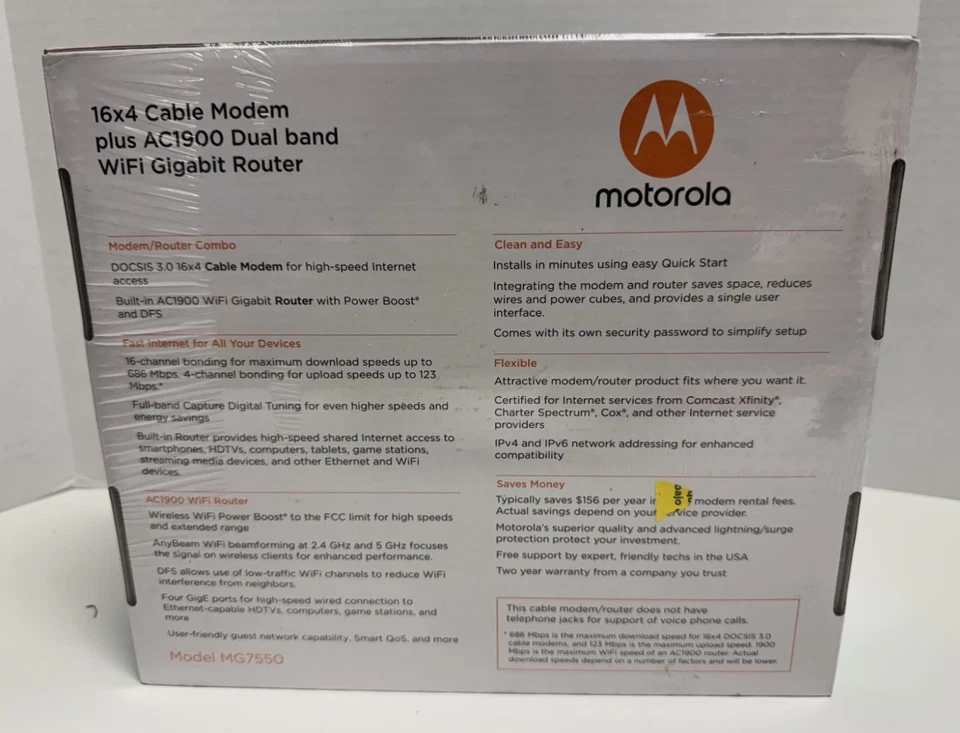 Motorola MG7550 16x4 DOCSIS 3.0 Cable Modem Plus AC1900 WiFi Router - New Sealed - Image 3 of 4