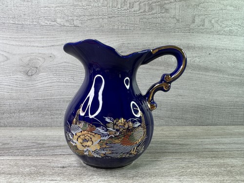Vintage Cobalt Blue Gold Gilt Peacock Floral Ceramic Pitcher Vase Jug Decor
