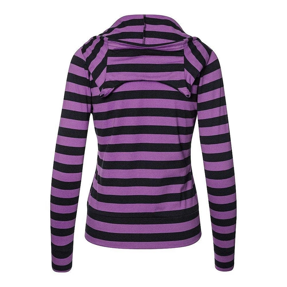 Cat Ears Striped Hoodie Womens Black Purple Stripe Zip Up Nekomimi Jacket - Image 3 of 4