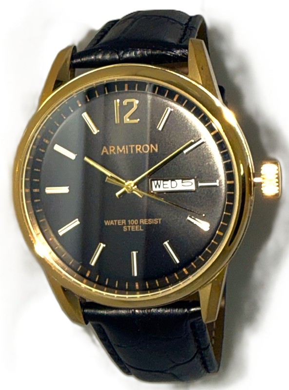 Armitron Men's 20/5407GP Black Dial Black Leather Band Day/Date Gold Tone Watch