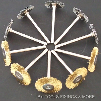 5 STEEL & 5 BRASS WHEEL BRUSHES DREMEL ACCESSORIES ROTARY HOBBY MULTI TOOL