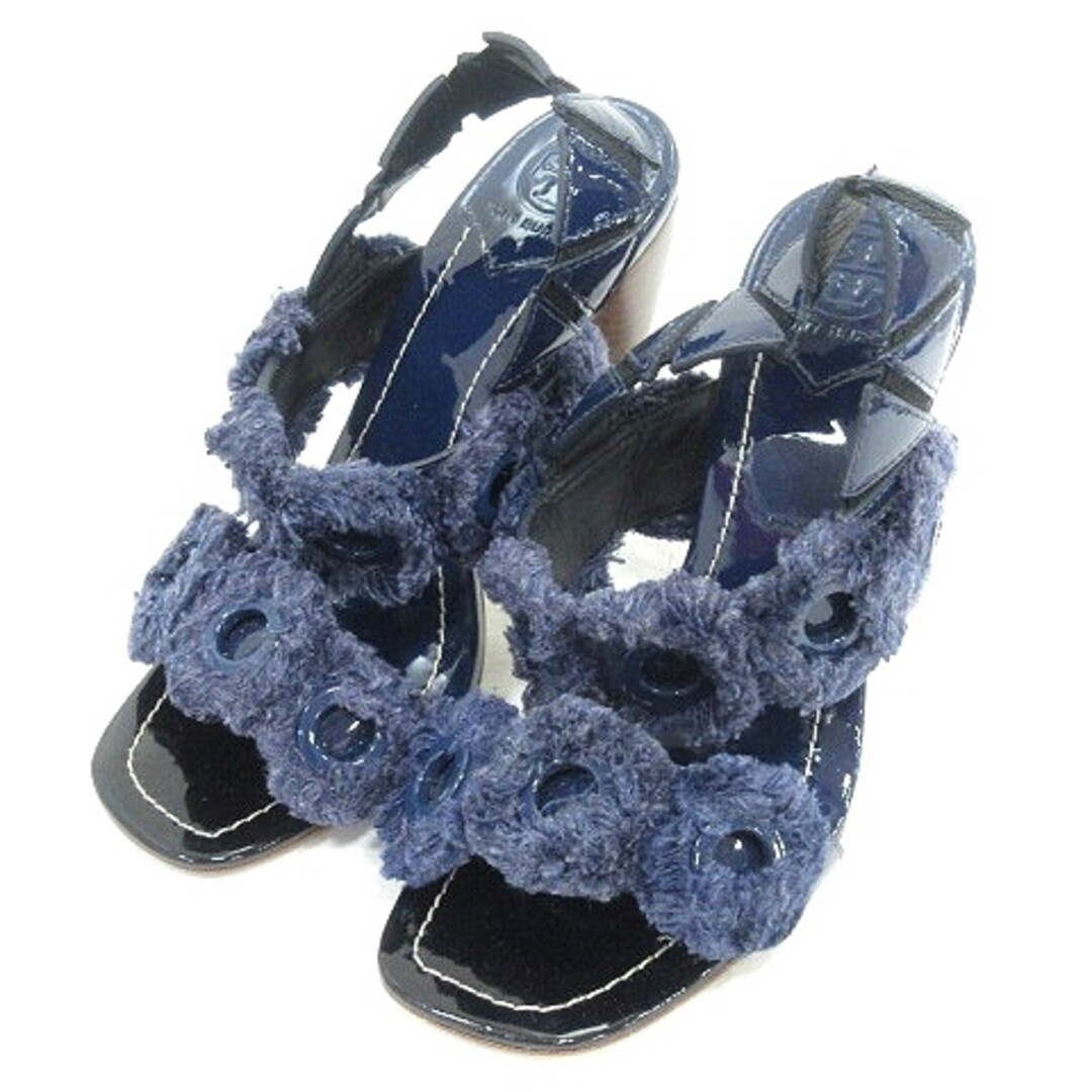 Tory Burch Sandals Stack Heel Enamel Faux Fur 5 1 2 22.5cm (8.86 