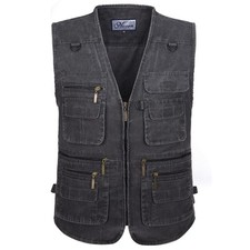 Men Multi Pocket Utility Waistcoat Vest Denim Outdoor Gilet Jacket Hike Hunting
