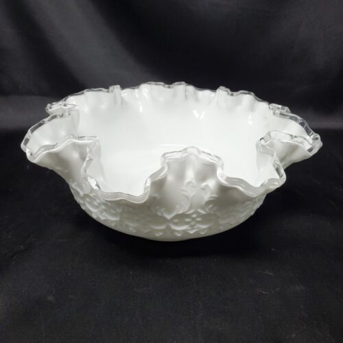 Vintage Fenton Silver Crest Milk Glass Bowl Ruffle Top Spanish Lace 10" - Picture 1 of 10