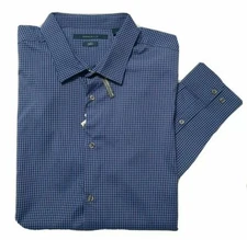 Perry Ellis Mens Slim fit Stretch Shirt Blue plaid expandable collar, XL