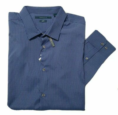 Perry Ellis Mens Slim fit Stretch Shirt Blue plaid expandable collar, XL 