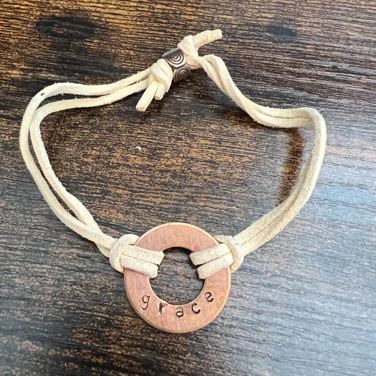 Hand stamped shop leather bracelet
