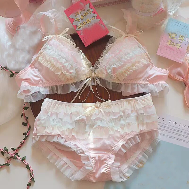 Conjuntos de sutiã calcinha fofa escolar lolita roupas íntimas babados meninas doces japonesas - Imagem 3 de 4