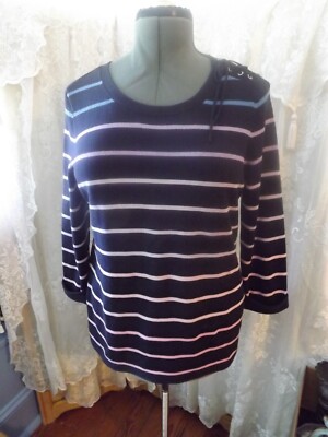 TALBOT'S petites PULLOVER SWEATER SZ MEDIUM PETITE black purple stripes 3/4 slv