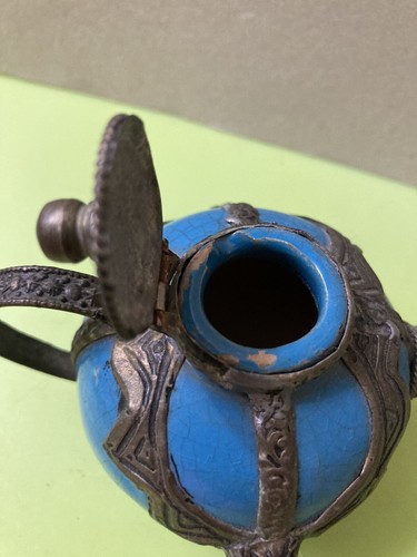 Moroccan Style Teapot: Blue Pottery & Encased In Metal - Picture 6 of 10