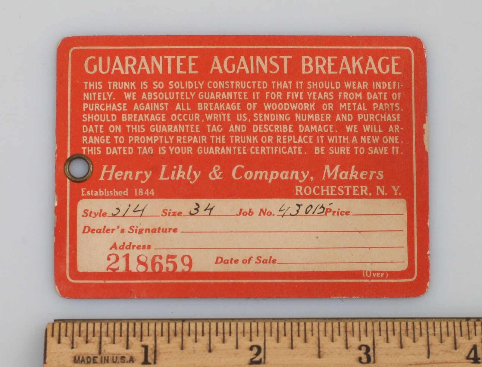 Vintage Henry Likly & Co. Trunk Luggage Guarantee Against Breakage Tag Rochester