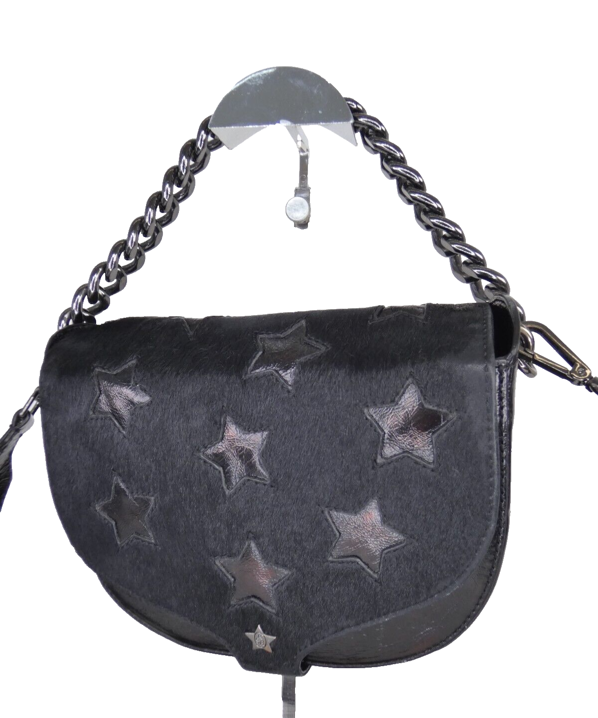 Borsa da sella in frassino corpo incrociato Karen Star nera vernice pelle pony hair borsetta