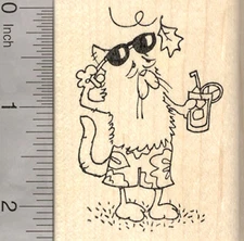 End of Summer Cat Rubber Stamp, with Sunglasses and Falling Autumn J25409 WM