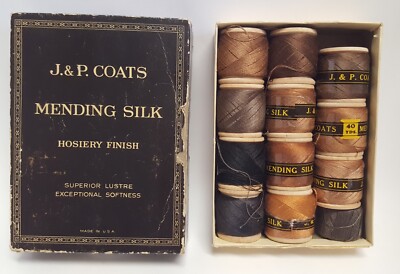 J&P Coats Mending Silk 40 yd 11 Spools with Box Hoisery Finish Antique Some New