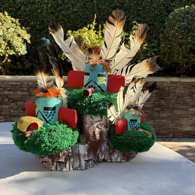 Vtg Navajo Style Kachina Trio Eagle &Morning Singers Feathers Yarn Wood Base 70s