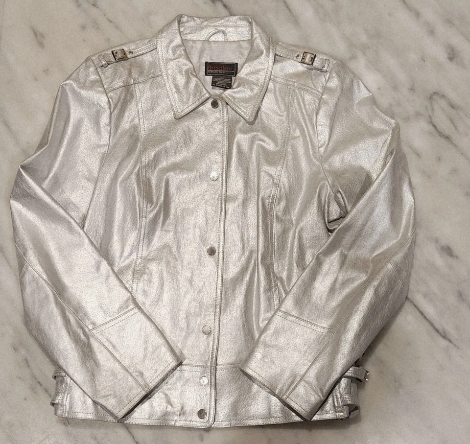 Bradley By Bradley Bayou Silver Metallic Leather Jacket  Large - Image 4 of 4