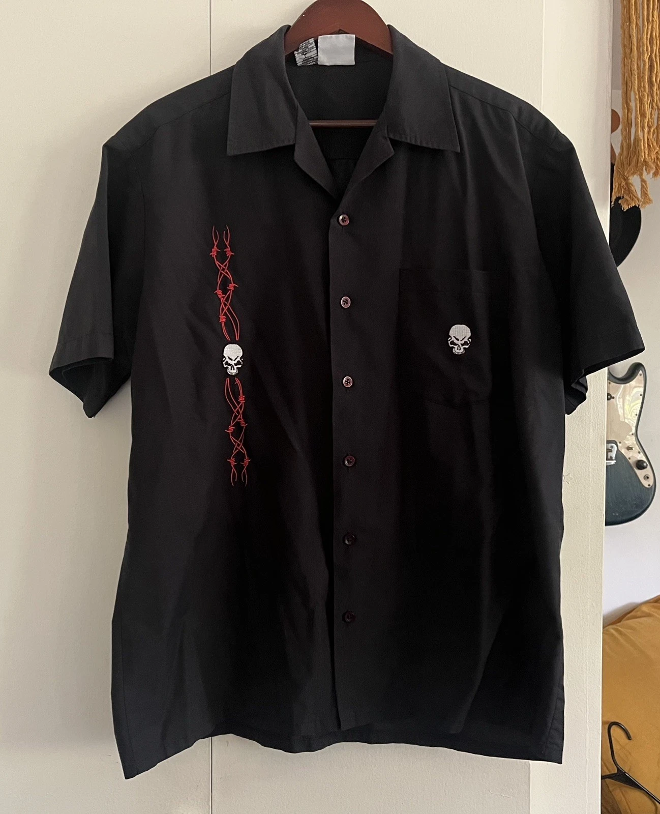 Kennington Ltd Large Black Skulls Barbed Wire Shirt Rockabilly Camp Collar