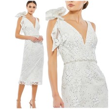 Mac Duggal NWT White Floral Embellished V-neck Midi Dress Shoulder Bow Size 4