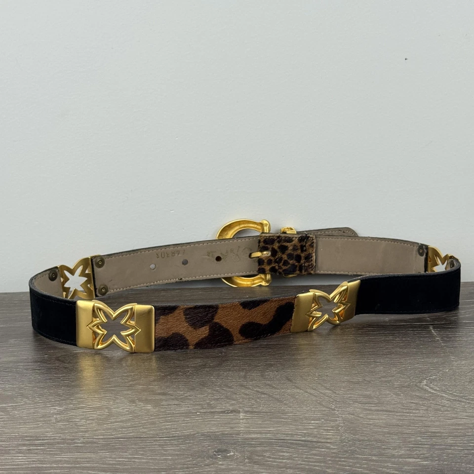 Steelworks Belt Womens Leopard Print Gold Tone Buckle Black Leather Concho - Image 3 of 4