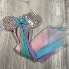 Disney Minnie Mouse Ears Headband Sparkle Rainbow Veil Teal Pink Purple Kids