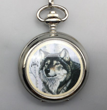 Al Agnew Wolf Pocket Watch Silver Tone Hunter Case With Chain New Battery