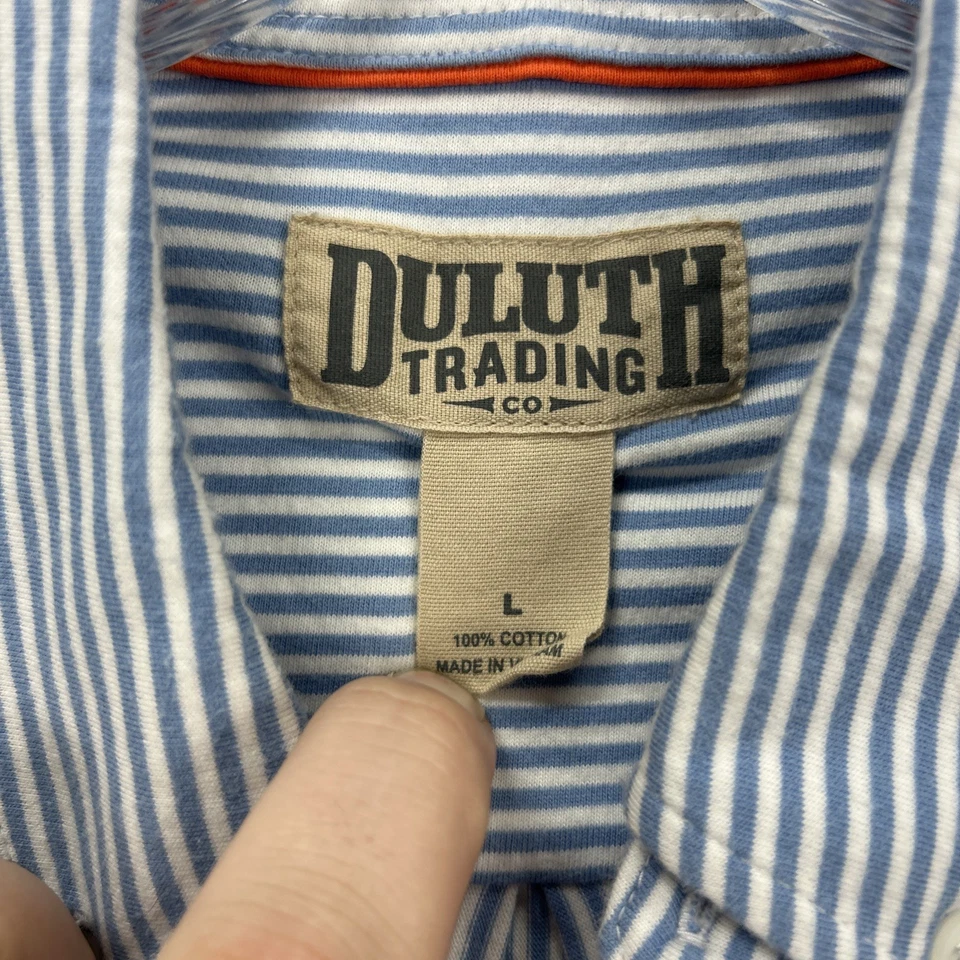 Duluth Trading 衬衫男式大号蓝色山核桃条纹火车指挥弹力柔软 — 第 4/4 张图片