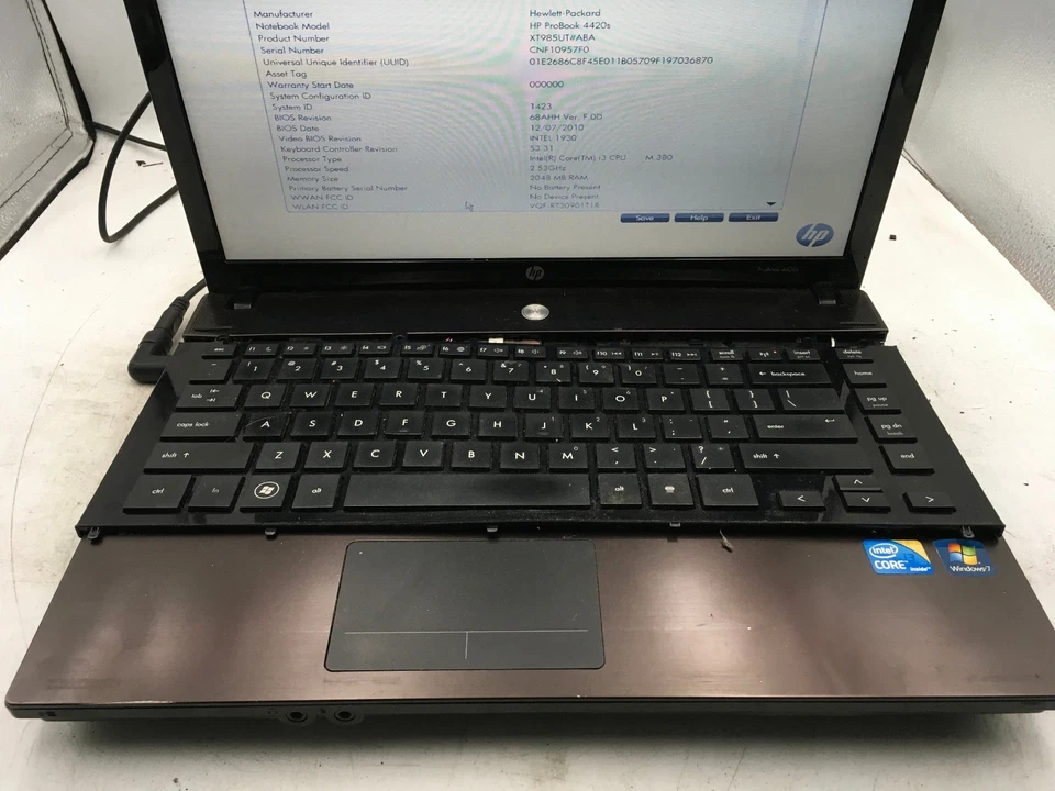 HP PROBOOK 4420S - BOOTS TO BIOS - INTEL I3 M380 - NO RAM - READ DESCRIP - BB - Image 3 of 4