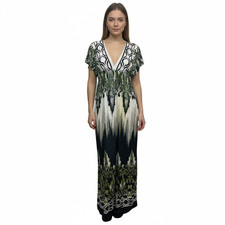 Delusional Maxi Dress L Multicolor Damask V Neck Cap Sleeve Boho Flowy Resort