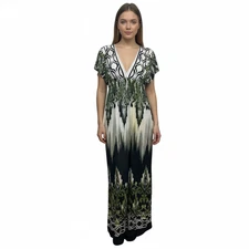 Delusional Maxi Dress L Multicolor Damask V Neck Cap Sleeve Boho Flowy Resort
