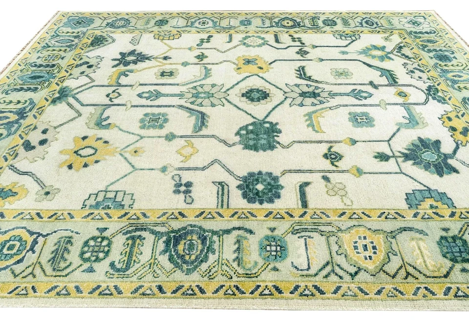 Modern Oushak Hand-Knotted Flora Rug 9x12 Ivory 100% Wool Carpet for Living Room - Image 4 of 4