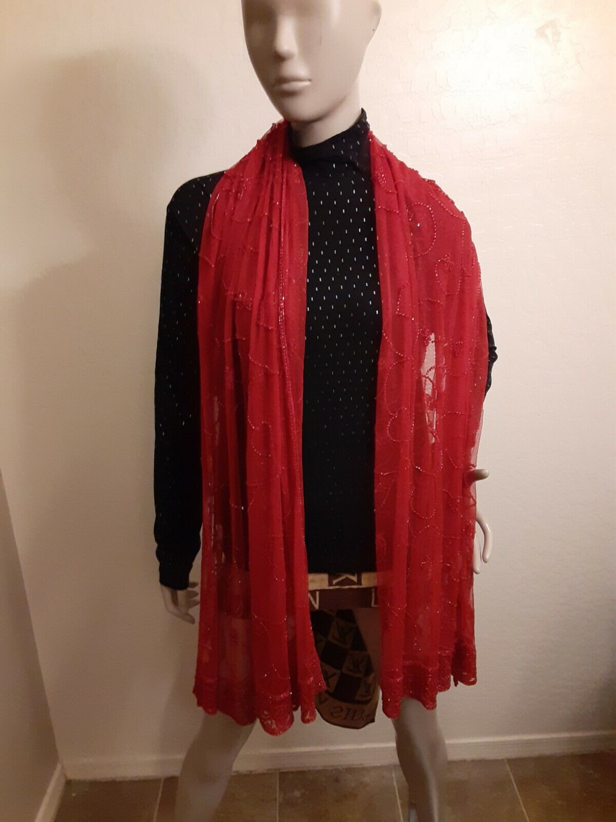 Escada Scarf Beaded Red Sheer Logo Scarf Wrap - image 1