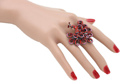 Women Sparkling Peacock Ring Red Pink Feather Metal Stretch Band Peafowl Jewelry