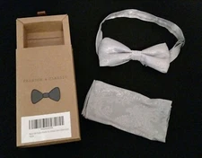 NEW Silver Gray Paisley Pre-tied Bowtie Bow Tie & Pocket Square Handkerchief