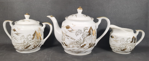 Servicio de té japonés Kutani 21 piezas ~ blanco con diseño dorado ~ geisha litofana - Imagen 3 de 24