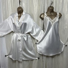 VTG L XL Bridal White Babydoll Teddy Lace Peignoir Satin Silky Shiny Negligee